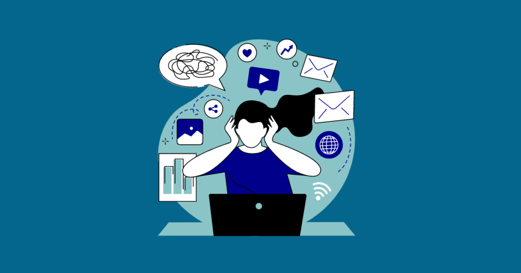 A graphic of a woman in front of a laptop with different icons floating around representing the different things she has to do: emails, videos, wifi, charts, pictures on a dark blue background.